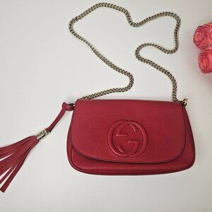 Authentic Gucci Soho Leather Chain Shoulder Bag Red